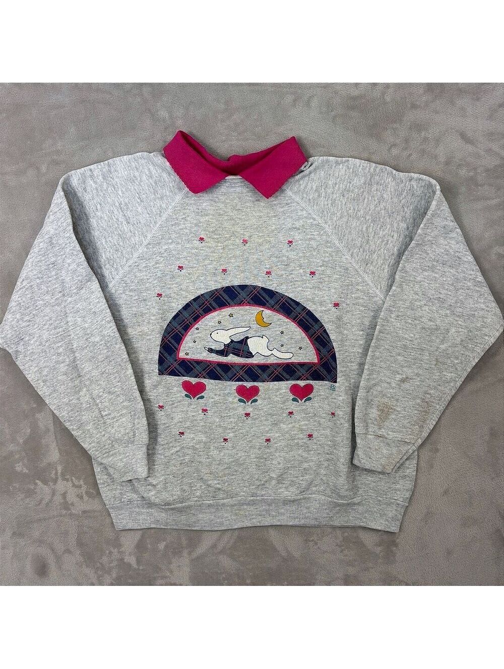 VTG 1992 Bunny Rabbit Plaid Heart Raglan Sweatshirt LSJ Made in USA Cottagecore